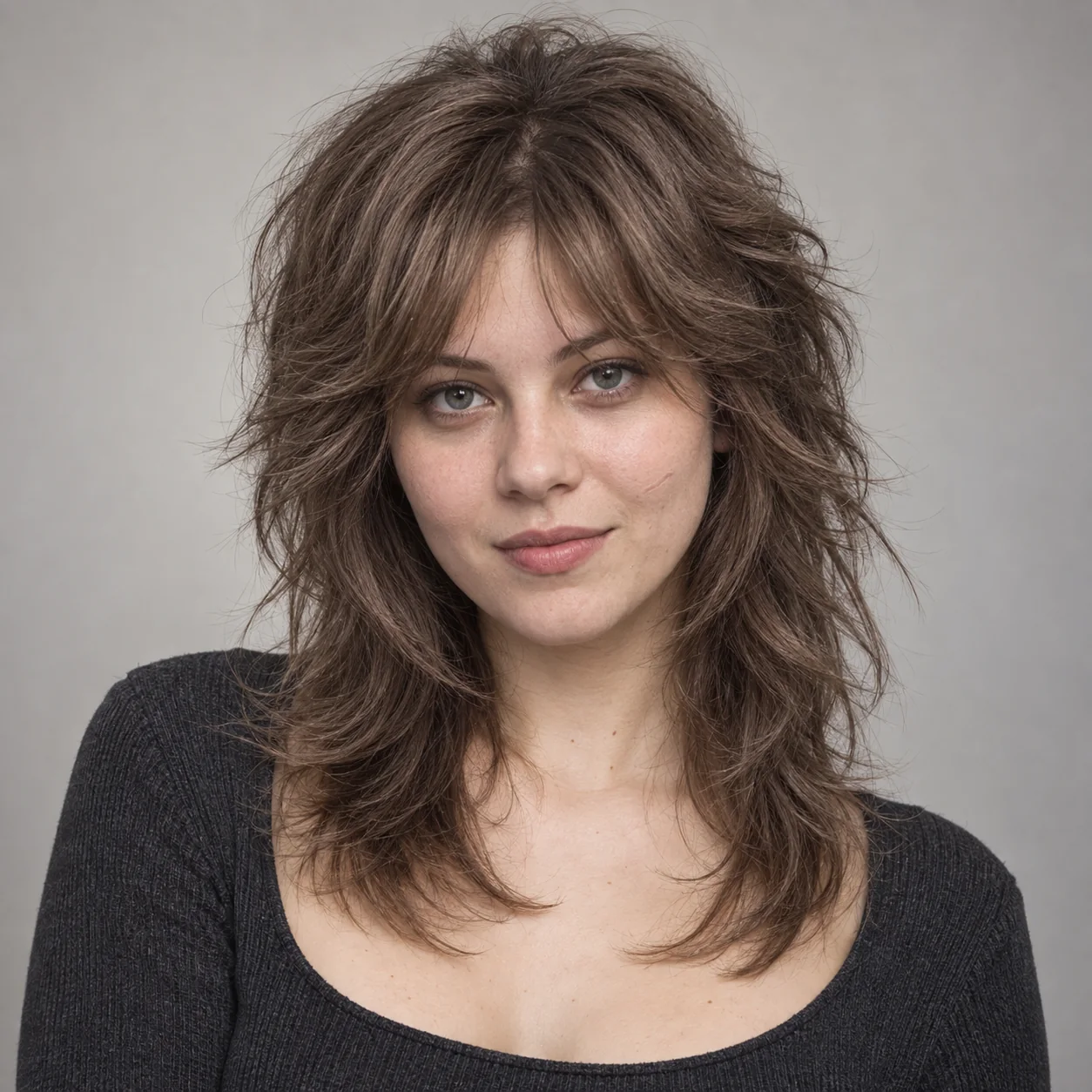 Woman with a layered wolf cut hairstyle